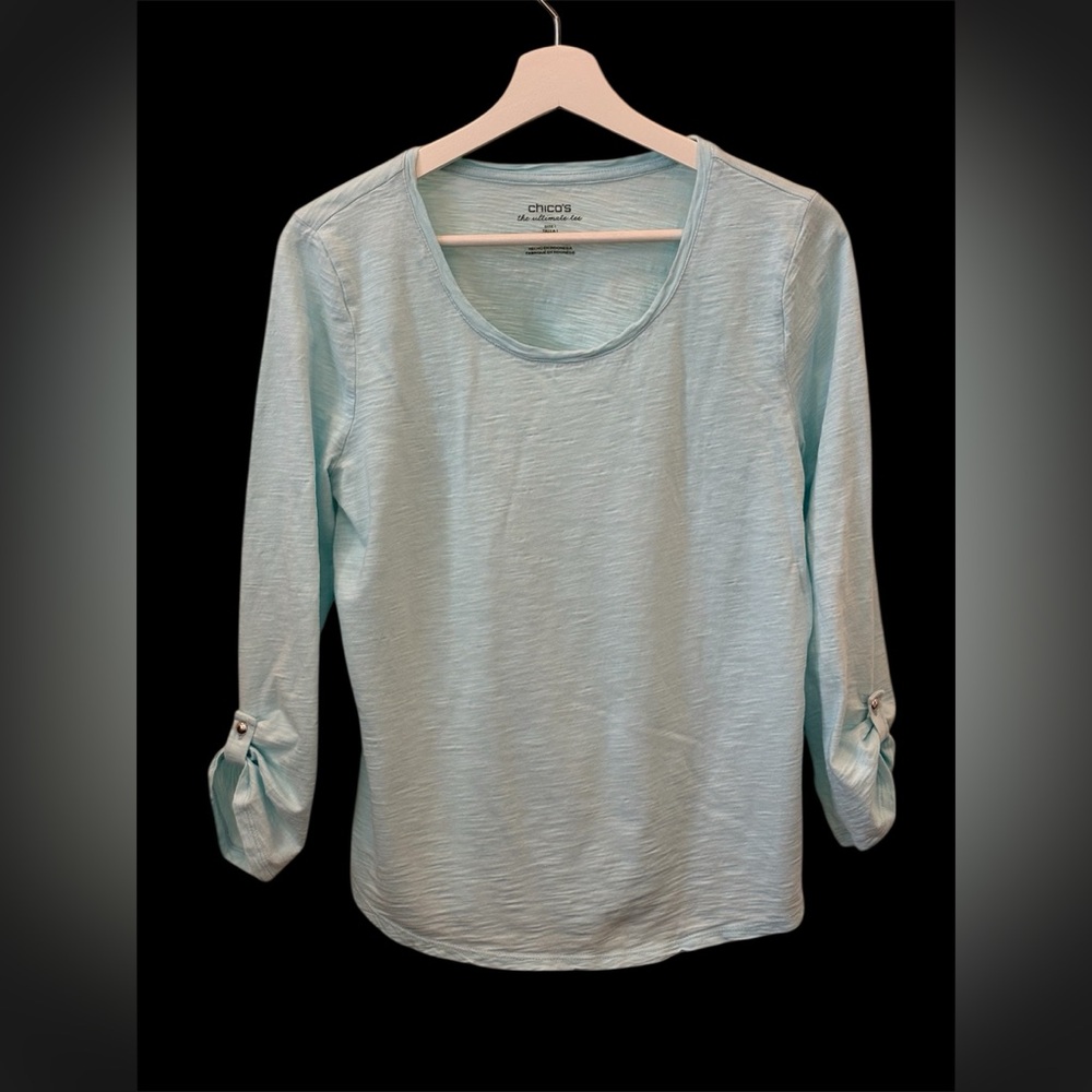 Chico's “the ultimate tee” Soft Blue 3/4 Sleeve Top size 1 (10/12)